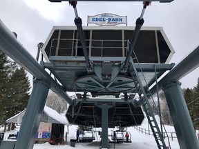 Chairlift stalled at Edelweiss by power outage. Generators were activated to get the lifts moving to let skiers off.