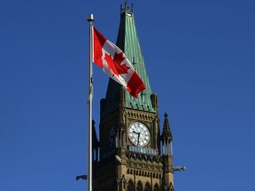 The Peace Tower is pictured on Parliament Hill