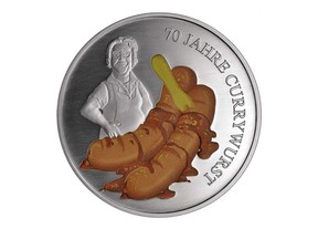 The coin, made by Staatliche Münze Berlin, commemorates 70 years of currywurst.