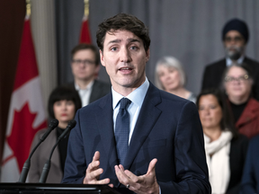 Prime Minister Justin Trudeau speaks at a news conference following a cabinet retreat in Sherbrooke, Que. on Jan. 18, 2019.