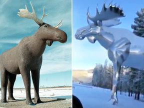 Moose Jaw's 'Mac the Moose' statue on the left, and Norway's admittedly taller (for now) and shinier moose statue on the right.