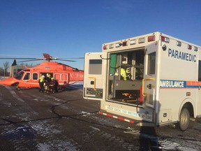 A two-vehicle collision on Calabogie Road sent three people to hospital Tuesday, including a child in critical condition who was flown to CHEO by Ornge air ambulance. (Renfrew County Paramedics)