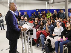 Ahmed Hussen, Minister of Immigration, Refugees and Citizenship Canada, addresses an audience at Cambrian College in Sudbury, Ont. on Thursday January 24, 2019.