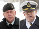 Chief of Defence Staff Jonathan Vance and Vice-Admiral Mark Norman on their way to court, separately, on Jan. 30, 2019.