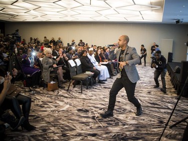 Justin Holness, founder of TR1BE Academy, had the crowd involved in his performance during the National Black Canadians Summit at the NAC on Saturday.