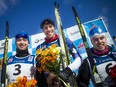 51km race winner Andy Shields, centre, shares the podium with second-place finisher Dominique Moncion-Groulx, left, and Olivier Hamel at the Gatineau Loppet on Saturday, Feb. 16, 2019.