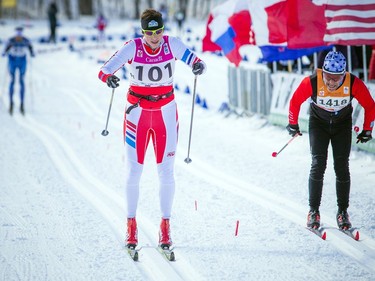 First place female in the 51km race Megan McTavish crossing the finish line during the Gatineau Loppet, Saturday Feb. 16, 2019.