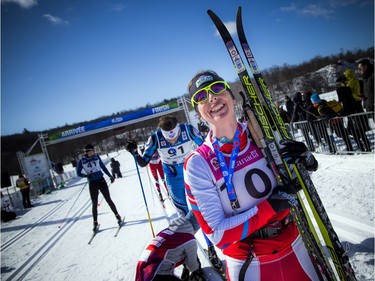 First place female in the 51km race Megan McTavish at the finish line during the Gatineau Loppet, Saturday Feb. 16, 2019.