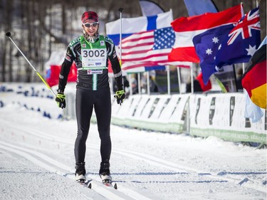 27km race second place winner Yanik Leduc crosses the finish line at the Gatineau Loppet, Saturday Feb. 16, 2019.