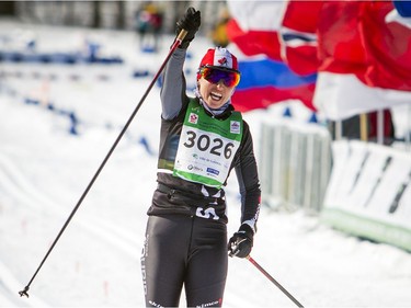 27km race second place woman Coralie Beauchamp crosses the finish line at the Gatineau Loppet, Saturday Feb. 16, 2019.