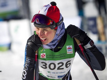 27km race second place woman Coralie Beauchamp crosses the finish line at the Gatineau Loppet, Saturday Feb. 16, 2019.