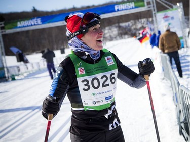 27km race second place woman Coralie Beauchamp crosses the finish line at the Gatineau Loppet, Saturday Feb. 16, 2019.