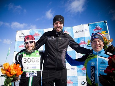 From left: second place Yanik Leduc, first place Luc Campbell and third place in the 27km race Michel Labrie on the podium at the Gatineau Loppet, Saturday Feb. 16, 2019.