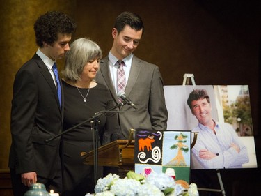 A celebration of life for Paul Dewar took place Saturday Feb. 23, 2019 at the Dominion-Chalmers United Church. Julia Sneyd spoke of her husband with her two boys by her side, Nathaniel Sneyd-Dewar (left) and Jordan Sneyd-Dewar.