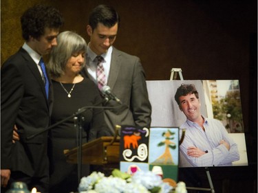 A celebration of life for Paul Dewar took place Saturday Feb. 23, 2019 at the Dominion-Chalmers United Church. Julia Sneyd spoke of her husband with her two boys by her side, Nathaniel Sneyd-Dewar (left) and Jordan Sneyd-Dewar.