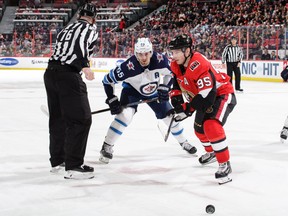 OTTAWA, ON - FEBRUARY 9: Matt Duchene #95 of the Ottawa Senators takes a face-off against Mark Scheifele #55 of the Winnipeg Jets in the first period at Canadian Tire Centre on February 9, 2019 in Ottawa, Ontario, Canada. (Photo by Jana Chytilova/Freestyle Photography/Getty Images)