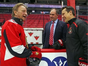 Happier times: Eugene Melnyk (L), Pierre Dorion and Guy Boucher (R) have a laugh during the 15th annual Eugene Melnyk Skate for Kids at Canadian Tire Centre on December 20, 2018.  Will the Senators ever get a downtown arena?