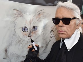 In this file photo taken on February 3, 2015 German fashion designer, artist, and photographer Karl Lagerfeld poses next to a painting of his cat "Choupette" during the inauguration of the show "Corsa Karl and Choupette" at the Palazzo Italia in Berlin.