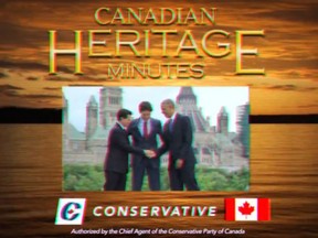 A screengrab of a spoof advertisement the federal Conservatives say they have taken down that spoofed the famous “Heritage Minute” ads produced by Historica Canada. Conservative Leader Andrew Scheer tweeted the spoof ad, which was produced by his party, on Saturday night, saying that “Liberal scandals” are “a part of our heritage.