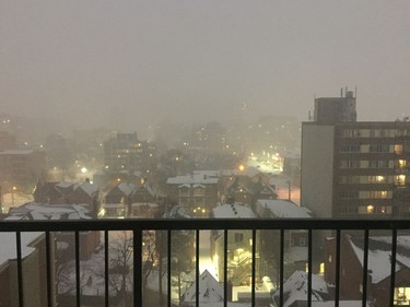 View from a Centretown apartment balcony as the latest winter storm settled in over Ottawa on Tuesday.