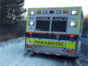 Ambulance

Twitter post ...
15:12 417E -  Boundary:  Car vs tree.  F20s possibly ejected.  Suffered multi-system trauma including fractured leg.  Stabilized by Paramedics during transport to Trauma Centre.  Serious but stable condition.  @OPP_ER investigating.  #Ottnews #OttTraffic