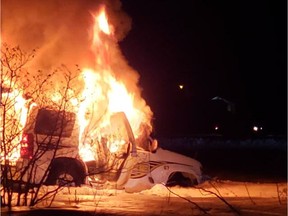 An Akwesasne Mohawk police vehicle burns after it was set alight following a chase after a demonstration Friday, Feb. 22, 2019. Marlon Johnson photo via Facebook.
