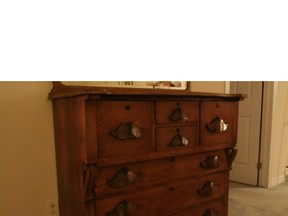 Bonnet chest dates to the 1870s and is likely from Ontario or Quebec. It is worth about $250.