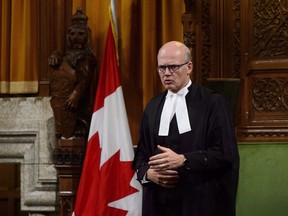 Speaker of the House of Commons of Canada Geoff Regan stands during question period in the House of Commons on Parliament Hill in Ottawa on Tuesday, Sept. 25, 2018. Regan has apologized for an apparent incident of racial profiling on Parliament Hill, saying all who visit the precinct must be treated with fairness, dignity and respect.