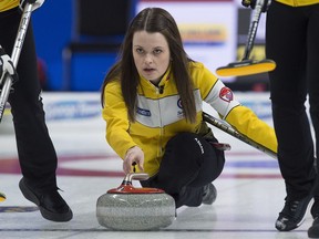 Manitoba skip Tracy Fleury releases a rock as they play Ontario at the Scotties Tournament of Hearts at Centre 200 in Sydney, N.S. on Tuesday, Feb. 19, 2019.