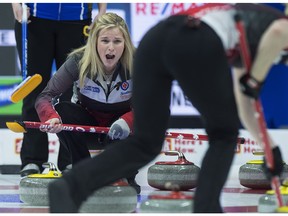 Team Canada skip Jennifer Jones reacts to a rock as they play Alberta in championship pool action at the Scotties Tournament of Hearts at Centre 200 in Sydney, N.S. on Thursday, Feb. 21, 2019.