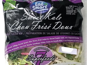 An Eat Smart Sweet Kale salad bag is shown in a Canadian Food Inspection Agency handout photo. The agency says certain Eat Smart brand Sweet Kale Vegetable Salad Bags are being recalled due to possible Listeria contamination.