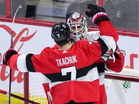 Ottawa Senators left-winger Brady Tkachuk celebrates with goaltender Anders Nilsson after a 4-0 shutout win against the Anaheim Ducks at the CTC on Thursday, Feb 7, 2019.