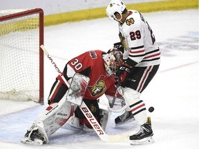 Goaltender Filip Gustavsson (30) faced the Blackhawks in an NHL pre-season game with the Senators in September.