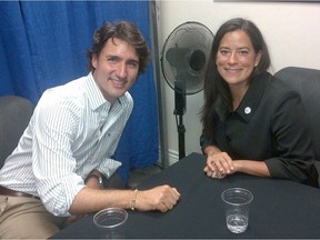 Happier times: Jody Wilson-Raybould, then the federal Liberal candidate for Vancouver Granvlle, talks with Liberal leader Justin Trudeau in 2014, prior to the party's election success in 2015.