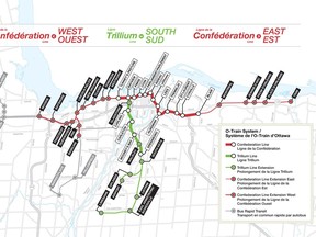 Technical Briefing on Stage 2 Light-Rail Transit, Feb. 22, 2019. System map showing: LRT Confederation Line West; Trillium Line South; Confederation line East