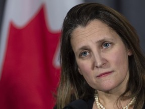 Foreign Affairs Minister Chrystia Freeland listens to questions during a cabinet meeting in Sherbrooke, Que. on Thursday, January 17, 2019.