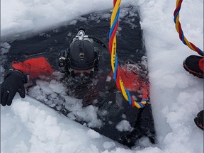 Police divers in mandated cross service training, sub ice environment and reaching depths of 100'.