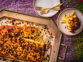 Tahcheen-e morgh, baked saffron yogurt rice with chicken, from Bottom of the Pot by Naz Deravian.