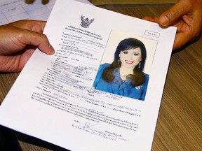 A paper with a picture of Princess Ubolratana at election commission of Thailand in Bangkok, Thailand, Friday, Feb. 8, 2019.