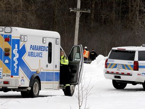 OPP and paramedics at the scene of a fatal collision between a train and a 78-year-old pedestrian near Maitland, Ont. on Friday, Feb. 22, 2019.