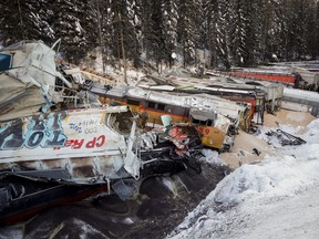 A train derailment is shown near Field, B.C., Monday, Feb. 4, 2019.
