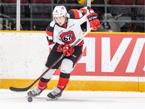 Sasha Chmelevski, seen here in a file photo, scored one goal and set up another as the 67's downed the Frontenacs on Wednesday night.