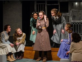 (Left to Right) Margaret, played by Hannah Gerring , Janet, played by Niamh Hurley, Tillie, played by Aahana Uppal, Flossie, played by Maggie Fyfe, Agatha, played by Grace Brunner, and Vivie, played by Lauren Jane Hudson, during Elmwood School's production of The Light Burns Blue, held on March 2nd, 2019, in Ottawa, ON.