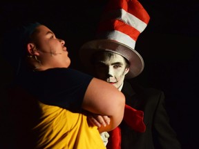 Jojo the Kid played by Michael Danso (L) and The Cat in the Hat (R) played by Jordan Mason, during Sir Wilfrid Laurier Secondary School's Cappies production of the Seussical The Musical, held on Feb. 28, 2019 at Sir Wilfrid Laurier Secondary School in Ottawa, On.