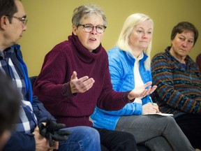 Elaine Ryan, who lives on Warren Avenue, expresses her concerns about the Superette pot shop on Wellington Street West during Saturday's public meeting.
