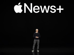 Apple Inc. CEO Tim Cook speaks during a company product launch event at the Steve Jobs Theater at Apple Park on March 25, 2019 in Cupertino, California. Apple Inc. announced the launch of , it's new video streaming service, and also unveil a premium subscription tier to its News app.