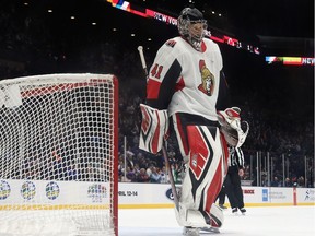 Senators netminder Craig Anderson leaves his crease after allowing a shootout goal to the Islanders' Jordan Eberle on Tuesday night in Uniondale, N.Y.