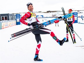 Canada's Alex Harvey celebrates in the finish area after finishing second in the men's 15-kilometre classic mass start race during the FIS Cross Country Ski World Cup Finals at Quebec City on Saturday.