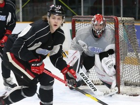 Sam Bitten (L) and Michael DiPietro of the Ottawa 67's were training at TD Place in Ottawa, March 20, 2019.