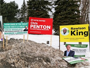 Clusters of election signs for the upcoming Rideau-Rockcliffe byelection to replace Tobi Nussbaum. 17 candidates are trying to win this seat.
